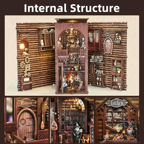 Book Nook Kit, Book Nook Kits for Adults DIY Booknook Model Build, DIY 3D Wooden Puzzle Bookend Booknook Bookshelf Insert Miniature Dollhouse Kit for Home Decoration - style: Dwarfs's House