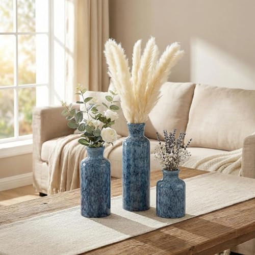 CwlwGO-Blue Ceramic Vases Set,Small Vase Sets,Farmhouse Country Vases Home Decor,Living Room Table Decoration,Shelf Decor,and Entrance Decoration Centerpieces. - color: Light Blue