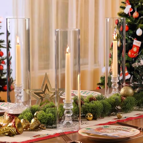 6 Set Hurricane Glass Candle Holders for Taper Candles, Candlestick Holders with Windproof Glass Tubes 13.4" H, Taper Candle Holders for Wedding, Dinner Table Centerpieces, Festival and Party Decor - size: 3.3"D-13.4"H -6pcs+6pcs Diamond Candlestick Holde