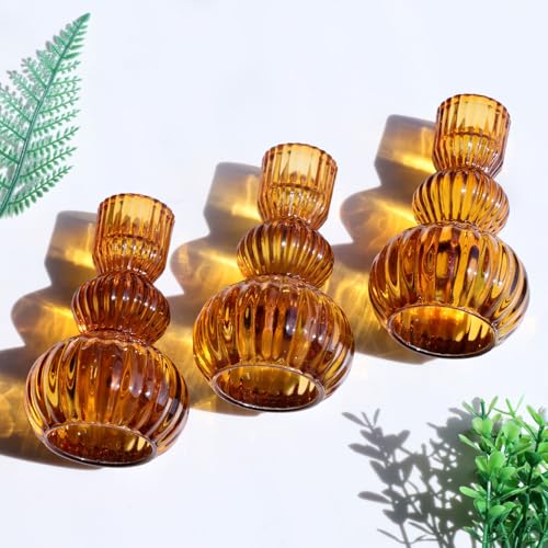 Woho Amber Taper Candle Holders 4.3" H for Halloween/Thanksgiving Decorations, Set of 3 Ribbed Glass Candlestick Holders Vintage for Fall Wedding, Boho Candle Sticks Holder Decor for Dining Table - color: Amber