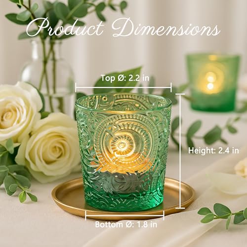 6 Pack Sun Moon Star Embossed Glass Tea Light Candle Holders - Votive Candle Holders for Wedding, Party, Home Decor, and Table Centerpieces (Apple Green) - color: Apple Green