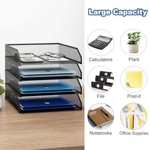Natwind 4-Tier Stackable Paper Tray, Metal Mesh Desktop Organizer, A4 Paper Sorter, Letter Trays,File Folder Sorter Organizer with Sliding Tray for Home, Office, School (Black) - size: 4 Tier