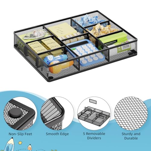 Marbrasse 2Pack Desk Drawer Organizer, Metal Mesh Drawer Organizer Tray with 5 Adjustable Compartments,Desk Organizers and Accessories for Home,Office,Kitchen,Makeup,Vanity (Black) - color: 2Pack Black