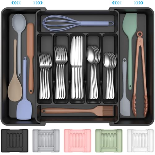 ukeetap Extra Large Expandable Silverware Organizer, BPA-Free Food-Safe Cutlery Flatware Organizer, Kitchen Utensil Drawer Organizer, Adjustable Silverware Holder for Spoons Forks Knives, Black - color: Black