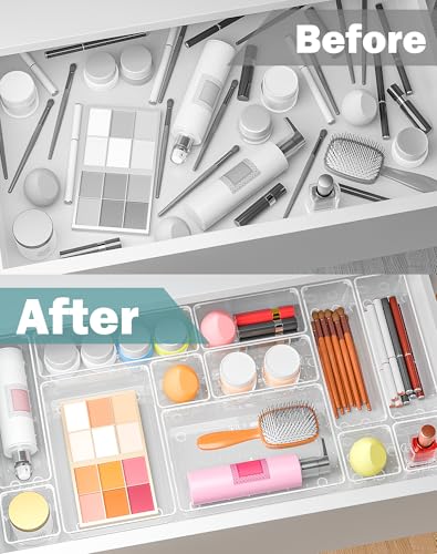 55Pcs Clear Plastic Drawer Organizers Set, 4size makeup drawer organizer trays for vanity,desk,bathroom,office,nightstand,gadgets for kitchen drawer, Versatile drawer divider storage bins - size: S55(3-8-16-28)