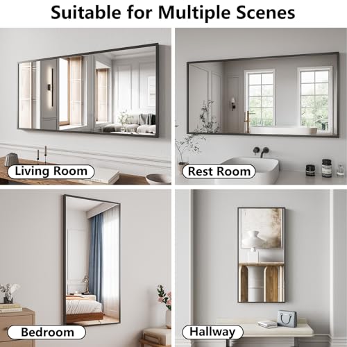 Koonmi Bathroom Mirror for Wall, 24"x48" Black Bathroom Mirror for Over Sink, Shatterproof Tempered Glass Vanity Mirror with Anti-Rust Aluminum Alloy Frame, Hang Horizontally or Vertically - color: Square Edged, size: 48"L x 24"W