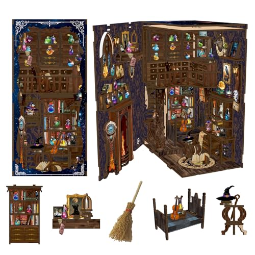 Book Nook Kit - DIY Miniature Dolls House Kit with Furniture and LED Light, 3D Puzzle Wooden Art Bookends, Model Kits for for Adults and Teens (Magic Potion Shop) - style: Magic Potion Shop