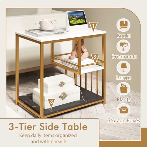 Giantex Side Table with Storage, 3-Tier End Table with Golden Polished Steel Frame Sofa Couch Table for Living Room, Modern Nightstand for Bedroom, Easy Assembly, Marble & Golden