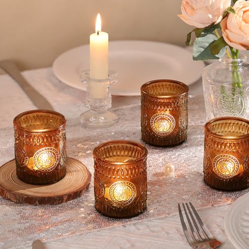 MATAHUM 24 Pcs Amber Votive Candle Holders, Glass Tealight Candle Holders for Fall Home Decorations, Wedding Table Centerpiece, Birdal Shower, Party - color: Amber