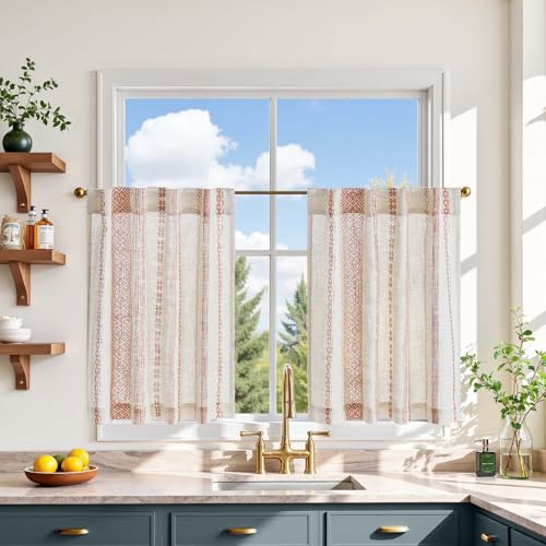 jinchan Liora Boho Kitchen Curtains 24 Inches Linen Tier Curtains with Geometric Pattern Bohemian Cafe Small Light Filtering Window Treatment for Living Room RV Back Tab 2 Panels Terracotta on Linen - color: Liora | Terracotta on Linen, size: 26"W x 24"L