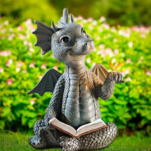 YWHWXB Garden Dragon Resin Sculpture,Lovely Outdoor Sculpture Ornaments,Garden Dragon Decor Statue for Home Patio Courtyard Lawn Decoration - color: Read a Book