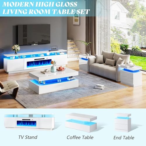 AMERLIFE Fireplace TV Stand with 36" Fireplace, 70" Modern Fireplace Entertainment Center LED Lights, 2 Tier TV Console Cabinet for TVs Up to 80", White & White - color: White & White, size: 70"