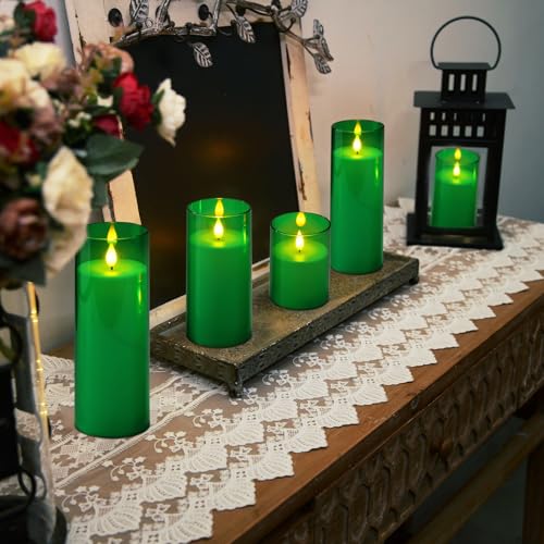 Homemory Green Flickering Flameless Candles, Battery Operated Acrylic LED Pillar Candles with Remote Control and Timer, Set of 5, St. Patrick's Day - color: Green