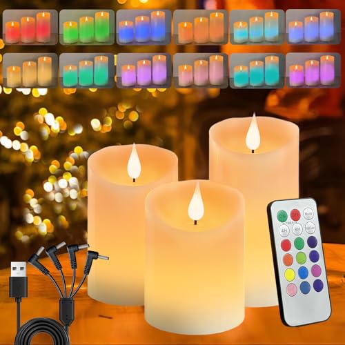 Flameless Candle RGB Set, Flickering LED Pillar Real Wax Candle with Remote Control and Timer, Upgraded Blue Flame Heart, Built-in Battery Rechargeable Flameless Candle, 1 Set of 3 - color: Rechargeable-Color RGB
