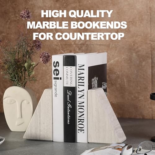 Marble Book Ends for Heavy Books, Decorative Bookends for Shelves, Durable and Heavy-Duty Bookends for Hardback Book & CDS, Off-White Unique Books Stopper & Holder, Set of 2 - color: Off-white