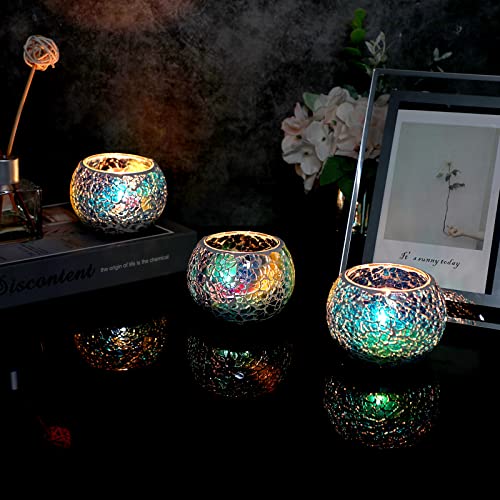 OwnMy Set of 3 Blue Mosaic Glass Tea Light Holders Round Bowl Votive Candle Holders Pillar Candle Stands, Glass Mosaic Tealight Holders Potted Plant Bowl Vase Candle Centerpiece for Table Wedding - color: Blue