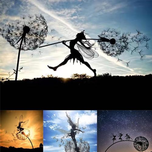 Fcteap Flower Fairy Dancing with Dandelion Garden Art Sculpture Stainless Steel Statue Christmas Halloween Decoration for Outdoor Yard Courtyard Lawn Patio Metal Ornaments (Long Travel) - style: Long Travel