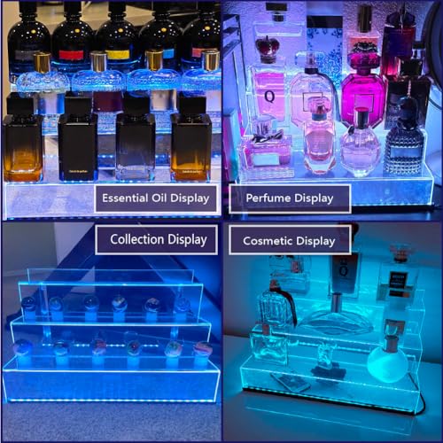 YMVV 15.7 IN Clear Acrylic Display Riser Shelf with LED light,3 Tier Display Step Shelves Holder, Perfume Cologne Organizer Holder,Pops Toys Figures, Clear Cupcake Riser, Dessert Shelf ,2 Pack - color: LED+15.7IN+2 Pack