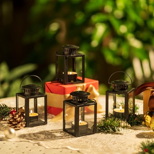 Small Candle Lanterns Decorative Outdoor: 4 Pcs Black Hanging Tea Lights Candle Holder for Table Centerpiece Fireplace Wedding Christmas 3.9" Glass Farmhouse Decor