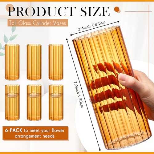6 Pcs 8 Inch Tall Glass Ribbed Cylinder Vases Clear Floating Candle Flower Vase in Bulk, Hurricane Candle Holder for Wedding Housewarming Gift Table Centerpieces(Amber) - color: Amber, size: 8 Inch