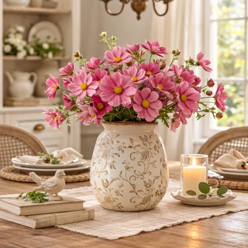 SIDUCAL Ceramic Vintage Pastoral Vase, 7.2 Inch Chinoiserie Floral Vase, Retro Ice Cracked Rustic Farmhouse Vases for Home Decor, Living Room, Bookshelf, Office, Tuscan Decor, Brown Floral - color: 18077-brown Floral