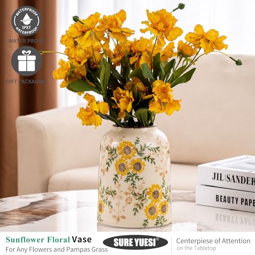 for Mom from Daughter or Son, Sunflower Green & Beige Ceramic Vintage Vase 7.8”, Yellow Cottage Core Floral Centerpiece Vase, Cute Rustic Decor for Living Room, Bedroom, Kitchen - color: Yellow Sunflower - 002