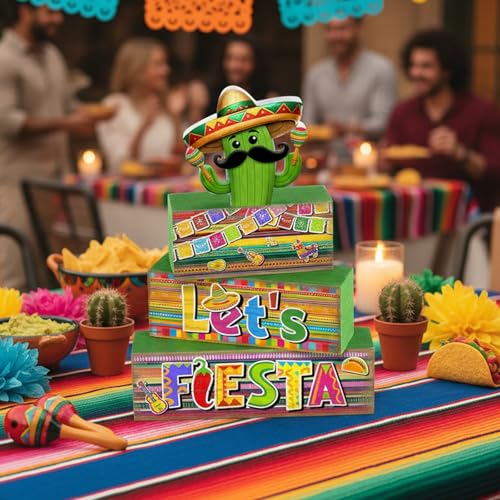 Yuntau 4 Pcs Mexican Fiesta Party Decorations Wooden Cinco De Mayo Tabletop Decor Lets Fiesta Tiered Tray Decor Rustic Wood Block Sign Gift Farmhouse Mexican Centerpieces Portable Shelf Home Office - style: Cactus