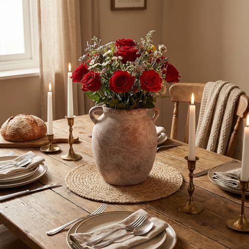 Ceramic Flower Vase Home Decor - 7.28Inch Farmhouse Rustic Vase,Double Handle Pottery Terracotta Vases for Living Room Dining Bedroom Table Decor Festive Decor Housewarming Gift