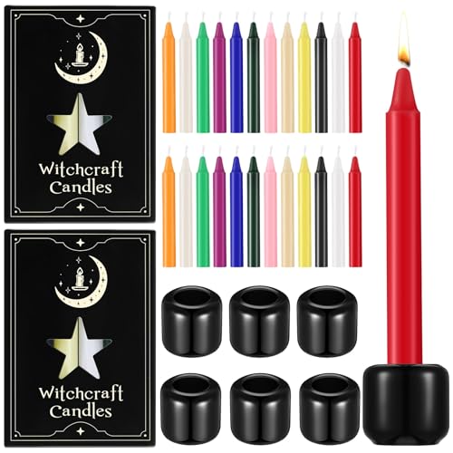 Baderke 24 Pack 4 Inch Colored Spell Candles and 6 Witch Candle Holders for Witchcraft, Chime Spell Candles for Rituals, Birthdays, Meditation, Altar, Spells - color: colored