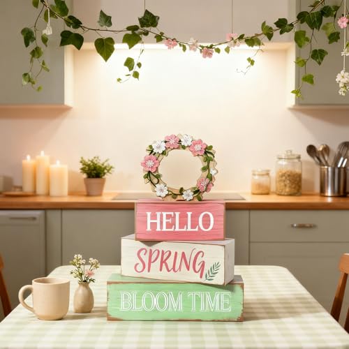 Spring Decoration Wooden Tiered Tray Decor – Rustic Hello Spring Bloom Time Stacked Block Sign with Floral Wreath Topper – Farmhouse Tabletop Spring Decor for Living Room Shelf Kitchen Coffee Bar Entryway Seasonal Home Display - style: Wreath