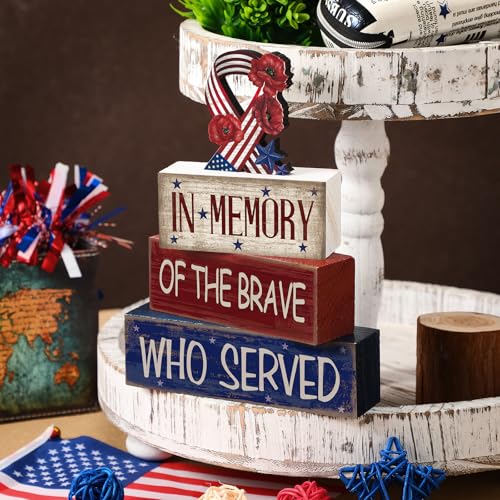 CroBlissful 4 Pcs Memorial Day Table Decorations Patriotic Tabletop Decorations Red White Blue Fourth of July Table Centerpieces Sign for Office Tiered Tray Home Shelf 250th Anniversary - style: Ribbon