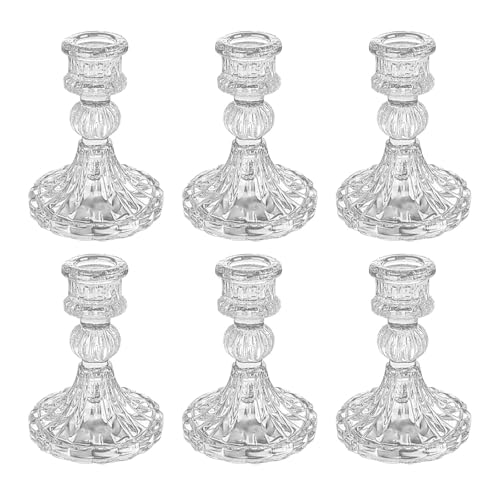 Glass Candlestick Holder,Striped Taper Candle Holders,Set of 6 Candle Stand for Table Centerpieces, Home Decor,Weddings,Festival and Parties (Clear Stripe Pattern) - color: Clear Stripe Pattern
