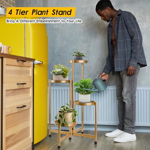 4 Tier Plant Stand Indoor Outdoor, 31 Inch Tall Metal Plant Shelf Waterproof, Plant Holder with Folding Design For Home, Living Room, New Upgrate Gold - color: Gold