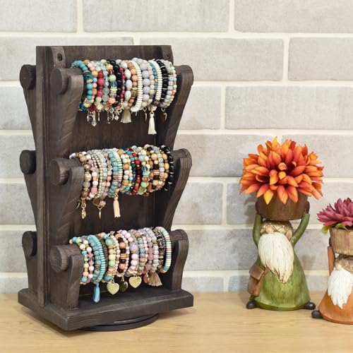Ikee Design Two-Sided Rotating Wooden Jewelry Bracelet Display Stand-6 Removable Holders, 3 Tier Bar Bangle Organizer-Perfect for Bracelets and Jewelry Display, Dark Brown Color - color: 2) Dark Brown, 6 Bars