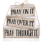 Yuntau 4 Pcs Farmhouse Wooden Tabletop Decor Bible Verse Tiered Tray Decorations Rustic Religious Christian Gift Block Sign Pray on It Centerpiece for Easter Home Kitchen Shelf Office Desk Decor - style: Pray