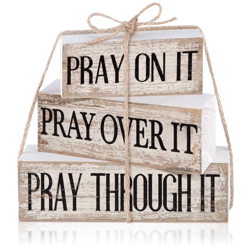 Yuntau 4 Pcs Farmhouse Wooden Tabletop Decor Bible Verse Tiered Tray Decorations Rustic Religious Christian Gift Block Sign Pray on It Centerpiece for Easter Home Kitchen Shelf Office Desk Decor - style: Pray