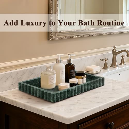 YMXYJM Natural Marble Tray for Bathroom, Real Stone Decorative Vanity Tray with Fluted Edge, Large Marble Serving Storage Tray for Kitchen Counter, Dresser, Home Decor, 11.8" x 8", Dark Indian Green - color: Dark Indian Green