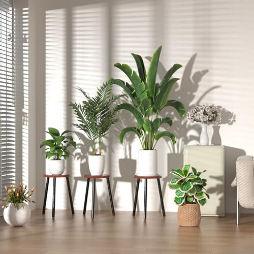 Wood Plant Stands Indoor, 16.7" Tall Plant Stand Outdoor Mid-Century Plant Stool, Single Plant Table Modern Small Round Side/End Table for Living Room, Balcony, Office (Brown) - color: Brown Tray with Black Legs-1Pack