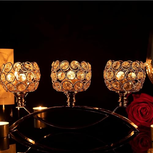 4Set Gold Crystal Candle Holders Decorative Candelabra for Wedding Centerpiece,Metal 3 Arms Candlesticks Holder Stand for Dining Table Living Room Home Decor, Party, Anniversary,Halloween,Christmas - size: 4 Pieces 5.5" tall