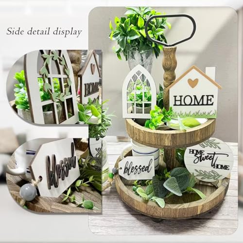6 Pieces Farmhouse Tiered Tray Decor Beautiful Sweet Home Wood Sign Artificial Plant Rustic Tray Decorations Centerpiece Set for Home & Kitchen Decor(Tiered Tray NOT Included)