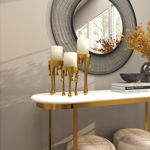 CosmoLiving by Cosmopolitan Aluminum Metal Abstract Decorative Candle Holder Melting Drip Candle Stand, Set of 3 Candlestick Holder 12", 10", 8"H, Gold - color: Gold