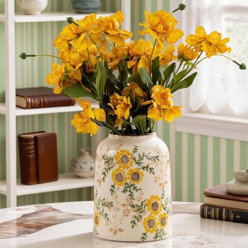 for Mom from Daughter or Son, Sunflower Green & Beige Ceramic Vintage Vase 7.8”, Yellow Cottage Core Floral Centerpiece Vase, Cute Rustic Decor for Living Room, Bedroom, Kitchen - color: Yellow Sunflower - 002