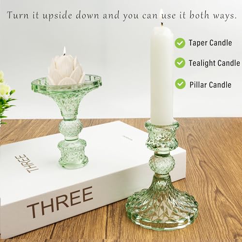 Glass Candlestick Holder Taper and Pillar Candle Holder, Desktop Decoration for Wedding Dinning Party-3 pcs(Green) - color: Green