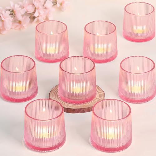 Pink Ribbed Tealight Votive Candle Holders Set of 10- Votive Candle Holders for Table Centerpiece, Tea Light Candle Holder Glass for Wedding and Home Decor, Blue Decor and Gifts - color: Pink, size: 10Pcs