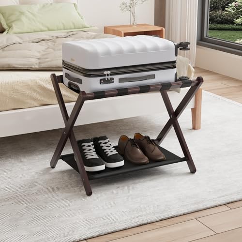 Smuxee Brown Bamboo Luggage Rack for Guest Room, Foldable Suitcase Stand with Storage Shelf, Easily Assembled Luggage Stand with 5 Nylon Straps for Guest Room Bedroom Hotel - color: Brown 1PCS