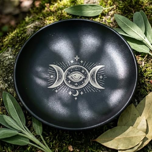 5.5inch Altar Ritual Plate Dish Stainless Steel Flat Bowl Round Metal Jewelry Tray Astrology Tarot Plate Ring Trinket Holder for Smudging Decoration Trays (Triple Moon Black) - color: Triple Moon Black