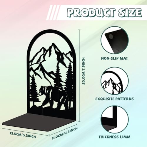 Peacoblue Metal Bookends for Shelves, Modern Decorative Heavy Duty Study Book Support Stoppers for Office, Desk, Shelf, Room 5.3"x4.3"x7.9" Cast Iron Bookends, 1 Pair (Mountain and Forest with Bear) - style: Mountain and Forest with Bear