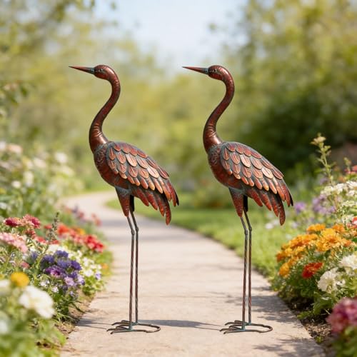 chisheen 2PCS Garden Crane Statues Outdoor Sculptures Metal Yard Art Statue for Garden Decoration Large Size Set of 2 - size: L-2PC