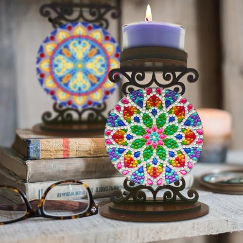 BAYUNOE 2Pcs DIY Candlestick Holders Wooden Desktop Diamond Art Painting Candle Holder Double-Sided Diamond Vintage Modern Decorative for Table Mantel Wedding Dinning Party-01 - color: 2pcs-01