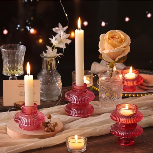 Pink Candlestick Holders Set of 10, Pink Glass Candle Holders for Pillar Candles, Taper Candle and Tealight Candles, Taper Candle Holders for Wedding, Table Centerpiece - color: Pink